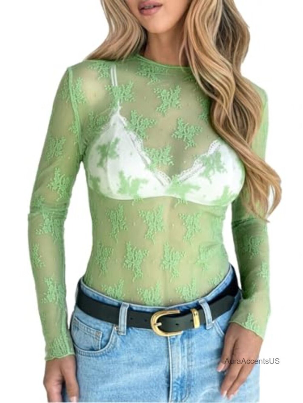 Sheer Long Sleeve Mock Neck Mesh Top for Women Floral Lace Blouse